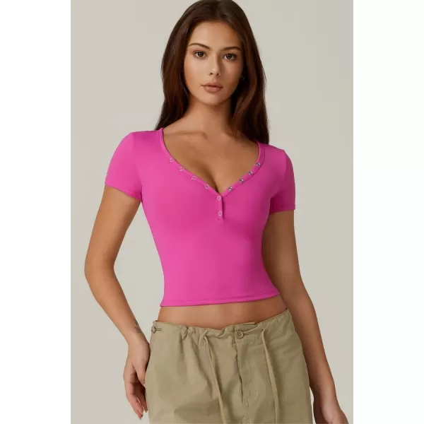QINSEN Women's Sexy Short Sleeve Henley T Shirts Double Lined Button Up Slim Fit Crop Top Y2K Going Out Tops