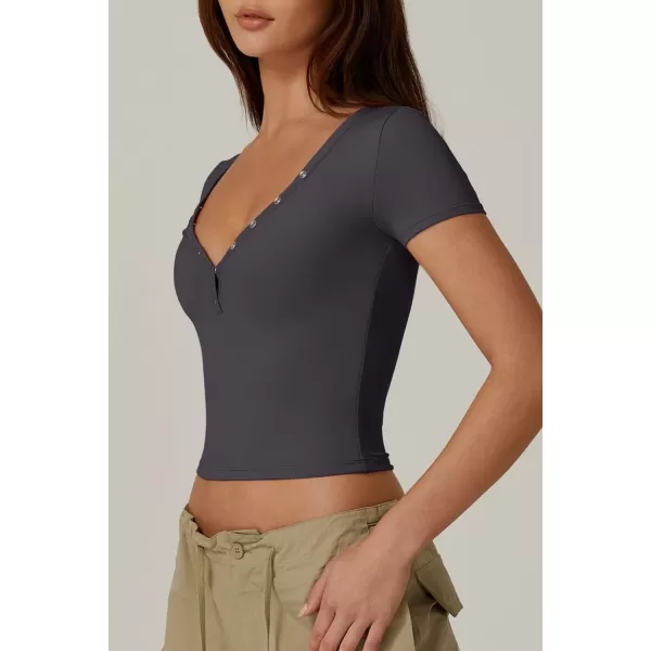 QINSEN Women's Sexy Short Sleeve Henley T Shirts Double Lined Button Up Slim Fit Crop Top Y2K Going Out Tops