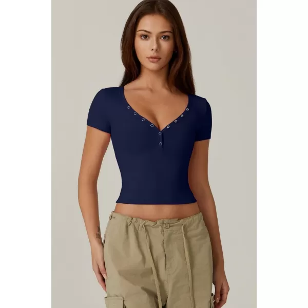 QINSEN Women's Sexy Short Sleeve Henley T Shirts Double Lined Button Up Slim Fit Crop Top Y2K Going Out Tops