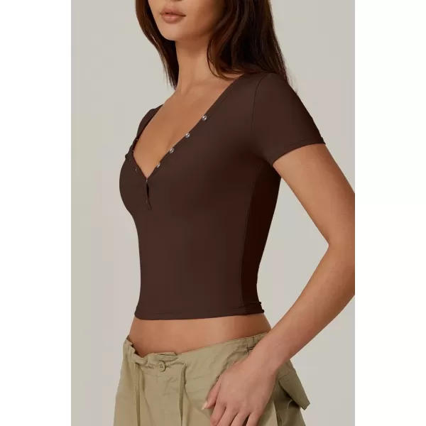 QINSEN Women's Sexy Short Sleeve Henley T Shirts Double Lined Button Up Slim Fit Crop Top Y2K Going Out Tops