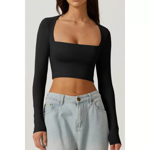 QINSEN Women's Sexy Square Neck Crop Top Long Sleeve Slim Fit Cropped T Shirts