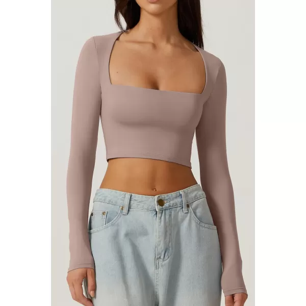 QINSEN Women's Sexy Square Neck Crop Top Long Sleeve Slim Fit Cropped T Shirts