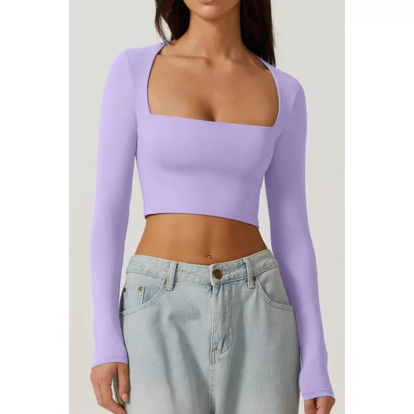 QINSEN Women's Sexy Square Neck Crop Top Long Sleeve Slim Fit Cropped T Shirts