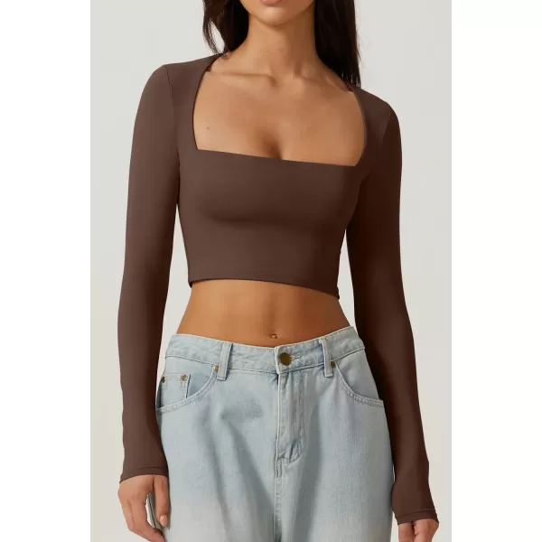 QINSEN Women's Sexy Square Neck Crop Top Long Sleeve Slim Fit Cropped T Shirts