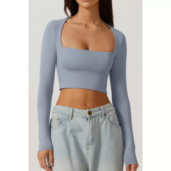 QINSEN Women's Sexy Square Neck Crop Top Long Sleeve Slim Fit Cropped T Shirts