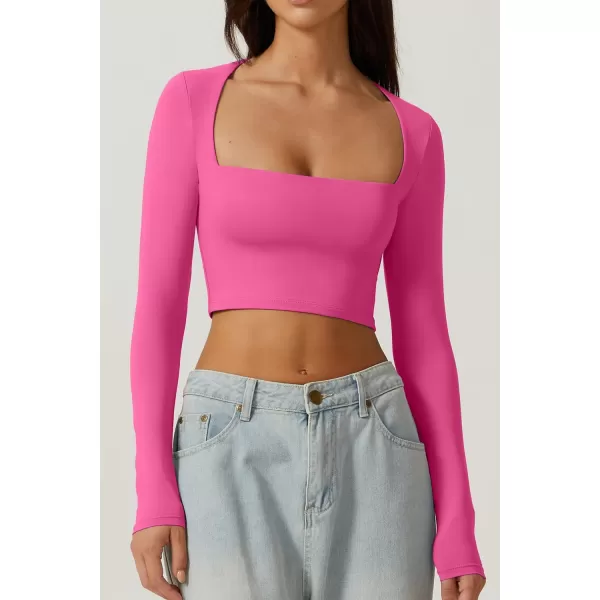 QINSEN Women's Sexy Square Neck Crop Top Long Sleeve Slim Fit Cropped T Shirts
