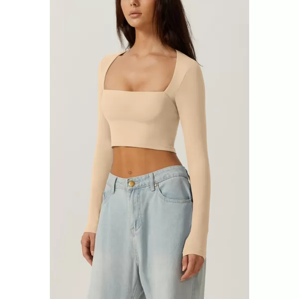 QINSEN Women's Sexy Square Neck Crop Top Long Sleeve Slim Fit Cropped T Shirts