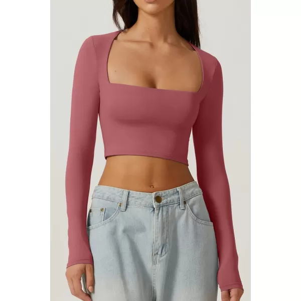 QINSEN Women's Sexy Square Neck Crop Top Long Sleeve Slim Fit Cropped T Shirts