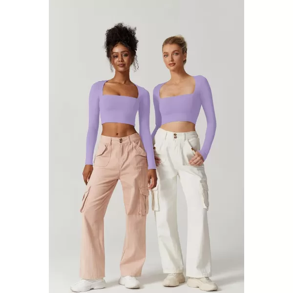 QINSEN Women's Sexy Square Neck Crop Top Long Sleeve Slim Fit Cropped T Shirts