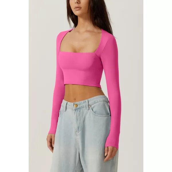 QINSEN Women's Sexy Square Neck Crop Top Long Sleeve Slim Fit Cropped T Shirts