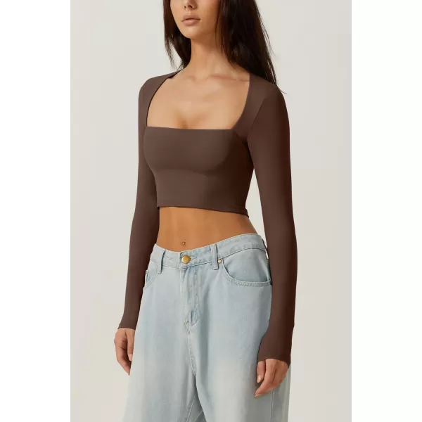QINSEN Women's Sexy Square Neck Crop Top Long Sleeve Slim Fit Cropped T Shirts