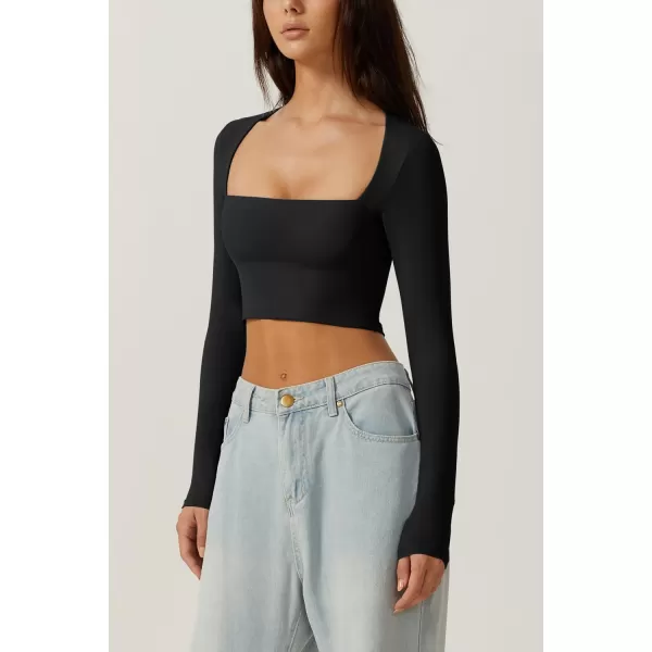 QINSEN Women's Sexy Square Neck Crop Top Long Sleeve Slim Fit Cropped T Shirts