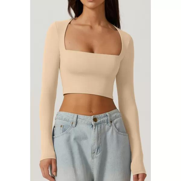 QINSEN Women's Sexy Square Neck Crop Top Long Sleeve Slim Fit Cropped T Shirts