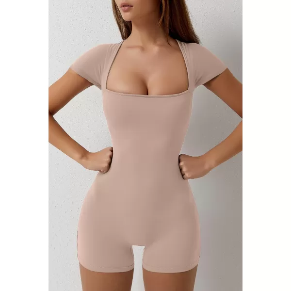 QINSEN Women's Short Sleeve Bodycon Romper Stretchy Square Neck Sexy Unitard Jumpsuit