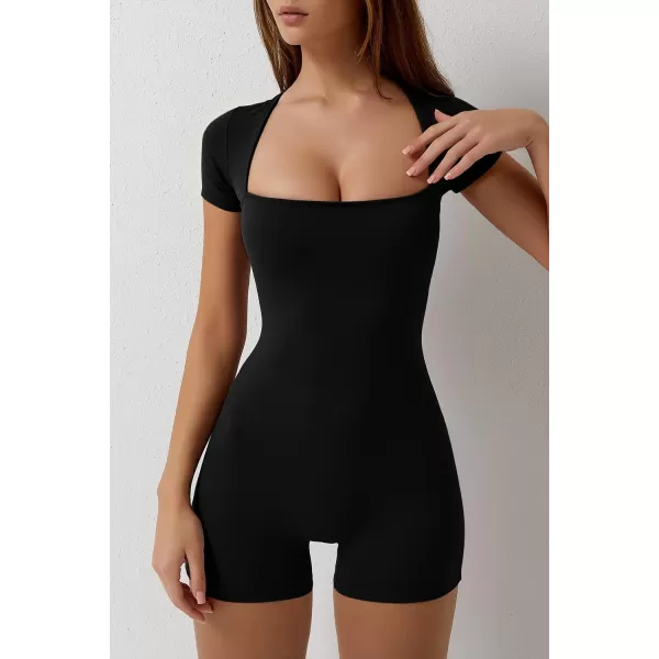 QINSEN Women's Short Sleeve Bodycon Romper Stretchy Square Neck Sexy Unitard Jumpsuit