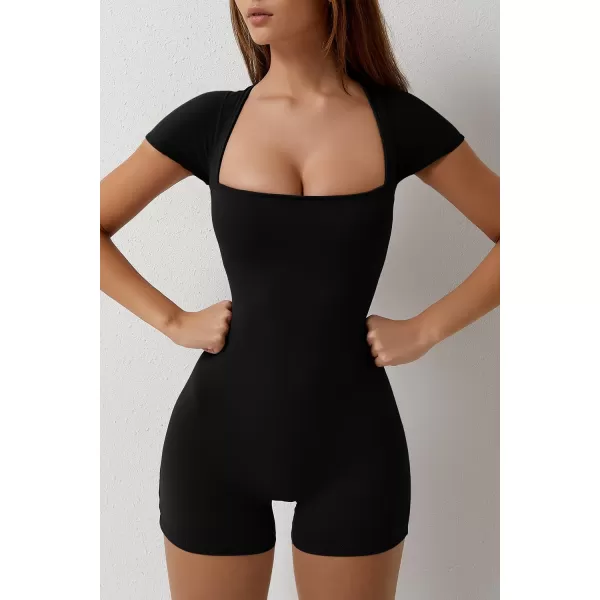 QINSEN Women's Short Sleeve Bodycon Romper Stretchy Square Neck Sexy Unitard Jumpsuit
