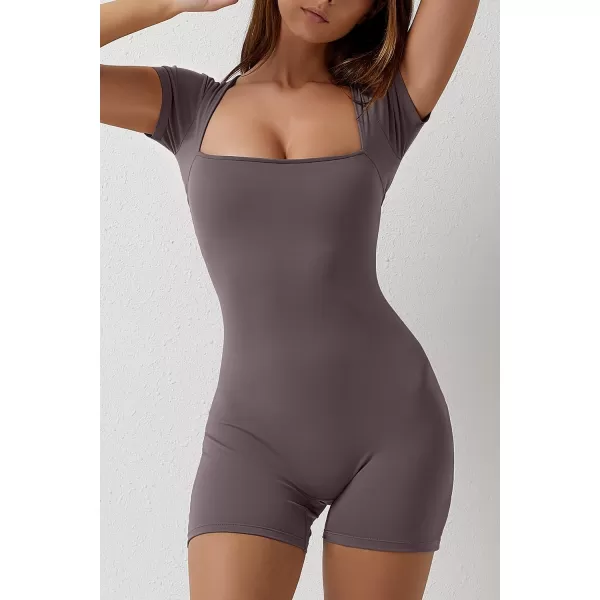QINSEN Women's Short Sleeve Bodycon Romper Stretchy Square Neck Sexy Unitard Jumpsuit