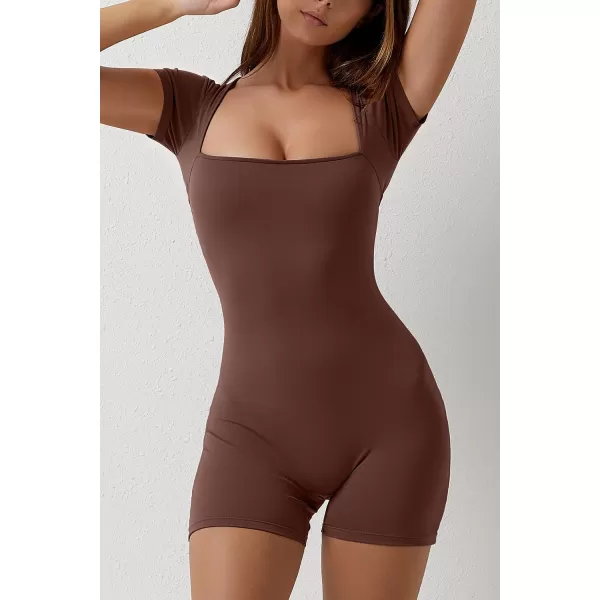 QINSEN Women's Short Sleeve Bodycon Romper Stretchy Square Neck Sexy Unitard Jumpsuit