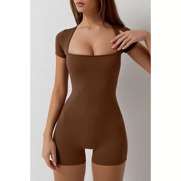 QINSEN Women's Short Sleeve Bodycon Romper Stretchy Square Neck Sexy Unitard Jumpsuit