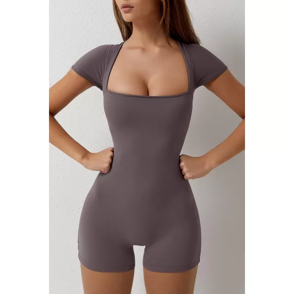 QINSEN Women's Short Sleeve Bodycon Romper Stretchy Square Neck Sexy Unitard Jumpsuit