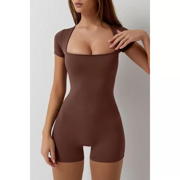 QINSEN Women's Short Sleeve Bodycon Romper Stretchy Square Neck Sexy Unitard Jumpsuit