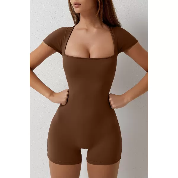 QINSEN Women's Short Sleeve Bodycon Romper Stretchy Square Neck Sexy Unitard Jumpsuit