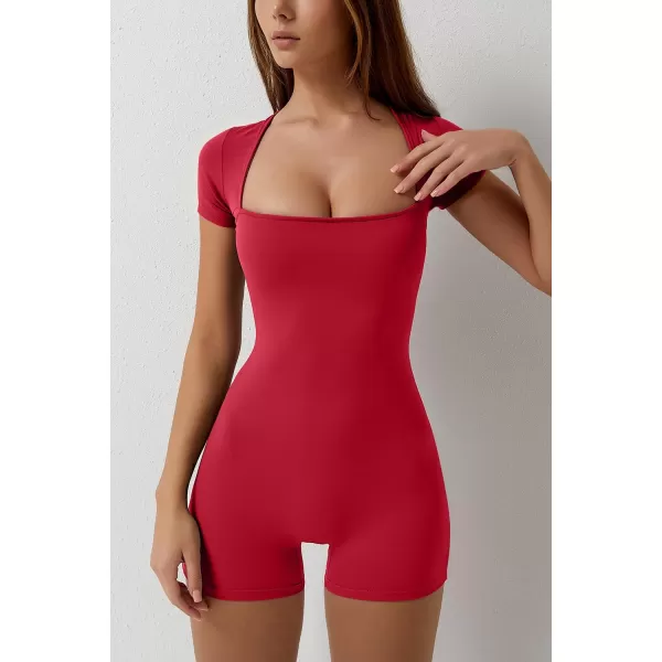 QINSEN Women's Short Sleeve Bodycon Romper Stretchy Square Neck Sexy Unitard Jumpsuit