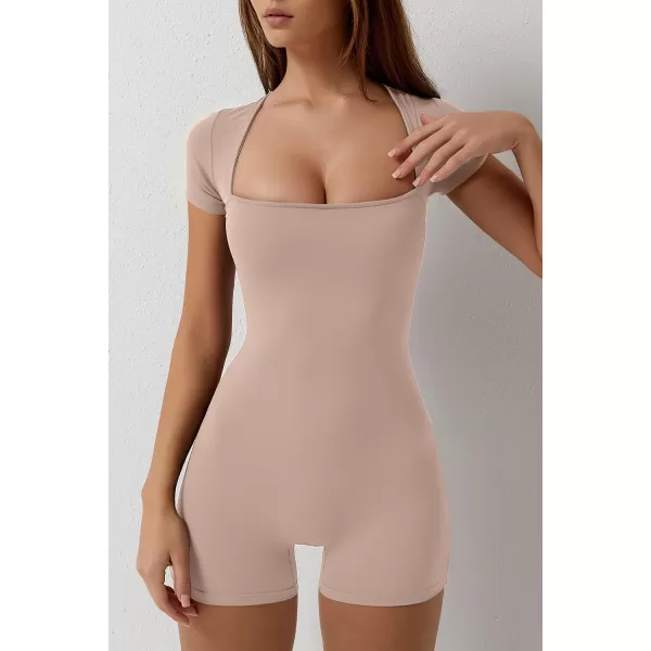 QINSEN Women's Short Sleeve Bodycon Romper Stretchy Square Neck Sexy Unitard Jumpsuit