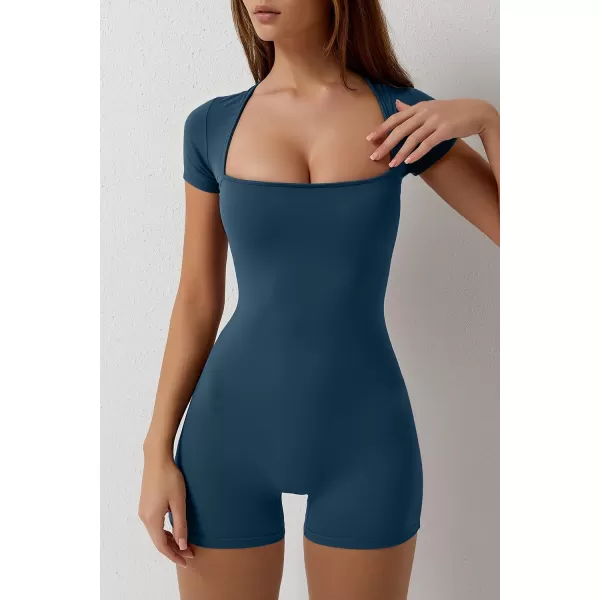 QINSEN Women's Short Sleeve Bodycon Romper Stretchy Square Neck Sexy Unitard Jumpsuit