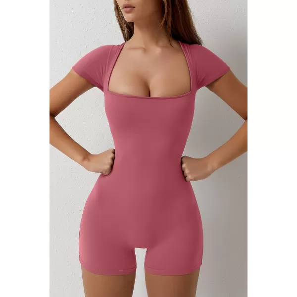 QINSEN Women's Short Sleeve Bodycon Romper Stretchy Square Neck Sexy Unitard Jumpsuit