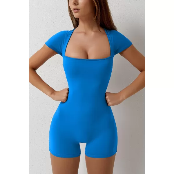QINSEN Women's Short Sleeve Bodycon Romper Stretchy Square Neck Sexy Unitard Jumpsuit