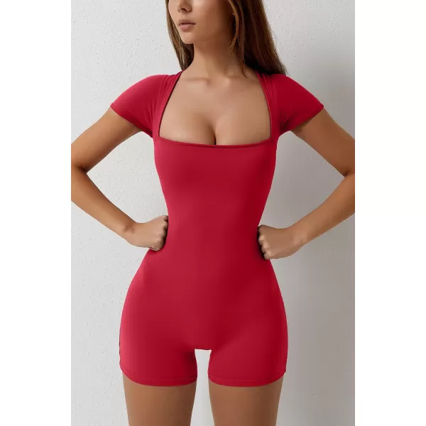 QINSEN Women's Short Sleeve Bodycon Romper Stretchy Square Neck Sexy Unitard Jumpsuit
