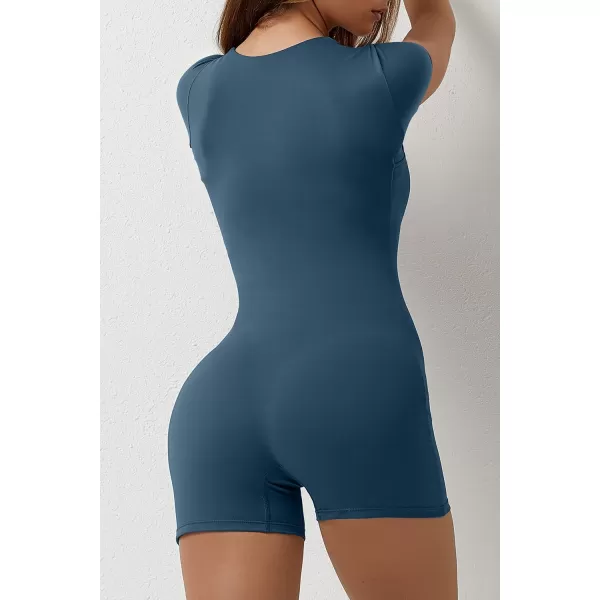 QINSEN Women's Short Sleeve Bodycon Romper Stretchy Square Neck Sexy Unitard Jumpsuit