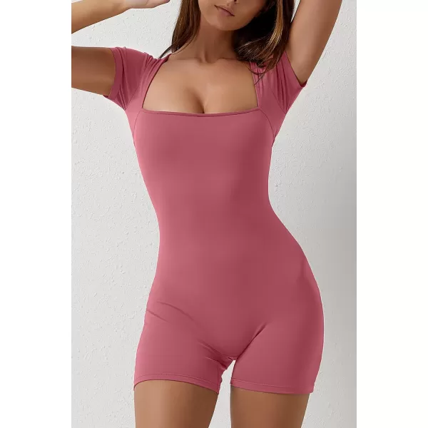 QINSEN Women's Short Sleeve Bodycon Romper Stretchy Square Neck Sexy Unitard Jumpsuit