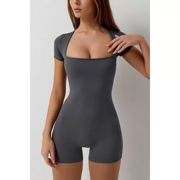 QINSEN Women's Short Sleeve Bodycon Romper Stretchy Square Neck Sexy Unitard Jumpsuit