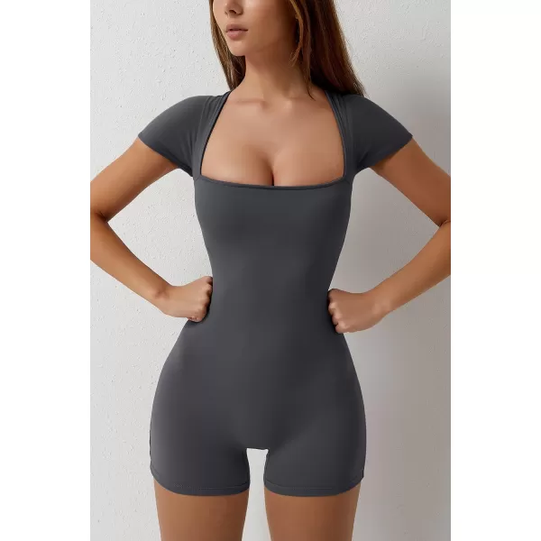 QINSEN Women's Short Sleeve Bodycon Romper Stretchy Square Neck Sexy Unitard Jumpsuit