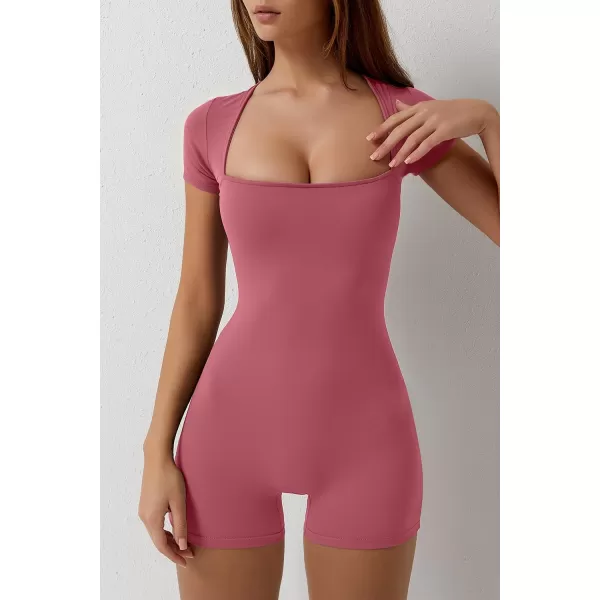 QINSEN Women's Short Sleeve Bodycon Romper Stretchy Square Neck Sexy Unitard Jumpsuit