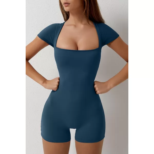 QINSEN Women's Short Sleeve Bodycon Romper Stretchy Square Neck Sexy Unitard Jumpsuit