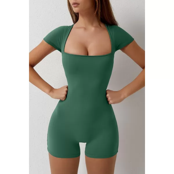 QINSEN Women's Short Sleeve Bodycon Romper Stretchy Square Neck Sexy Unitard Jumpsuit