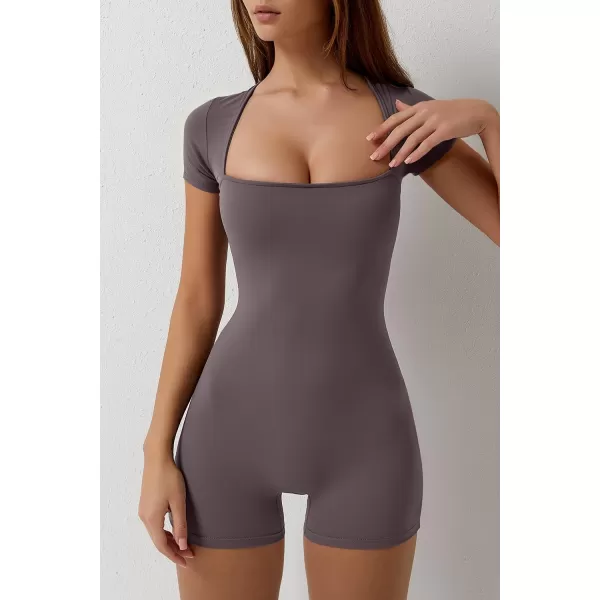 QINSEN Women's Short Sleeve Bodycon Romper Stretchy Square Neck Sexy Unitard Jumpsuit