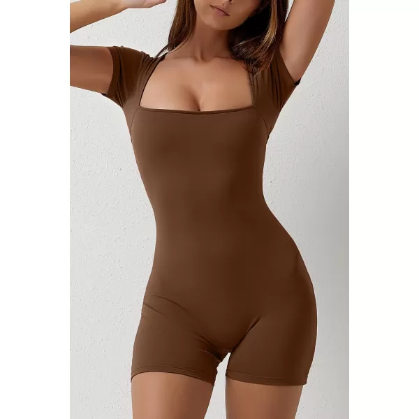 QINSEN Women's Short Sleeve Bodycon Romper Stretchy Square Neck Sexy Unitard Jumpsuit