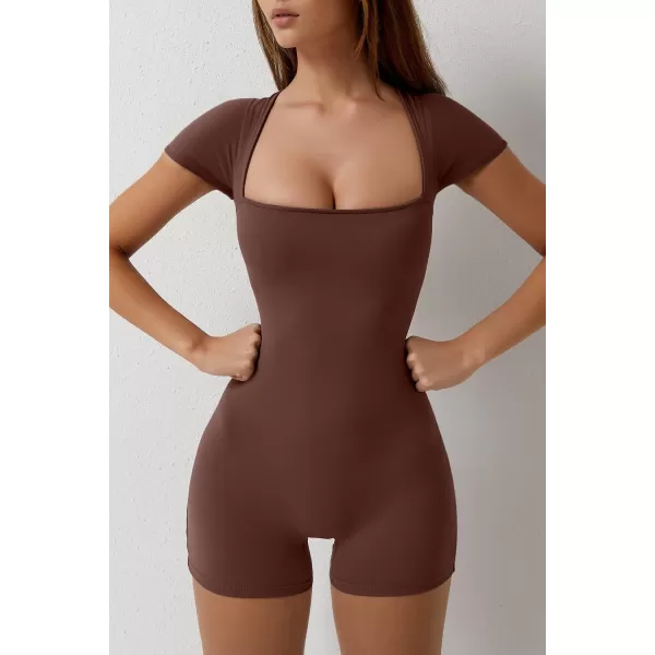 QINSEN Women's Short Sleeve Bodycon Romper Stretchy Square Neck Sexy Unitard Jumpsuit