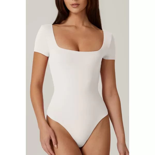 QINSEN Women's Square Neck Short Sleeve Double-Layer Bodysuit Fashion T-Shirt Tops