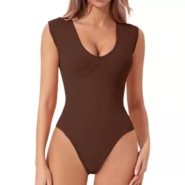 QINSEN Womens Plunge U Neck Cap Sleeve Bodysuit Soft Body Suit Tops Double Lined Shirts