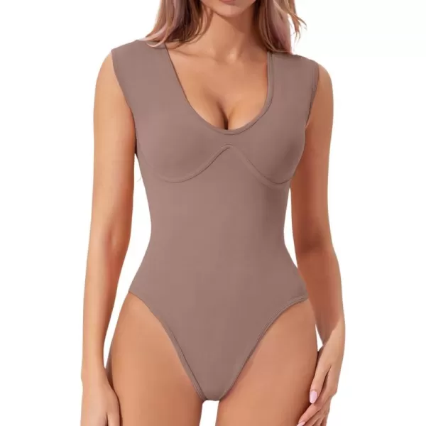 QINSEN Womens Plunge U Neck Cap Sleeve Bodysuit Soft Body Suit Tops Double Lined Shirts