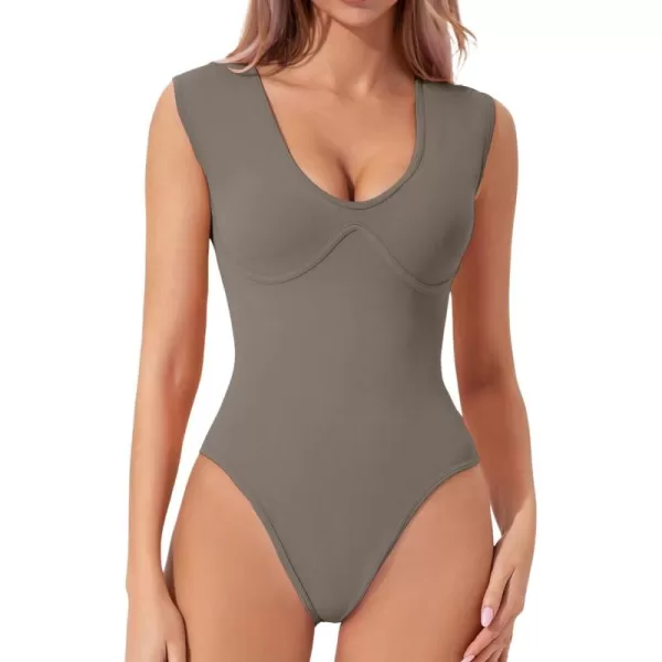 QINSEN Womens Plunge U Neck Cap Sleeve Bodysuit Soft Body Suit Tops Double Lined Shirts