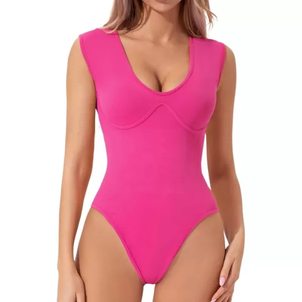 QINSEN Womens Plunge U Neck Cap Sleeve Bodysuit Soft Body Suit Tops Double Lined Shirts