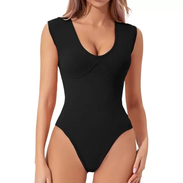 QINSEN Womens Plunge U Neck Cap Sleeve Bodysuit Soft Body Suit Tops Double Lined Shirts