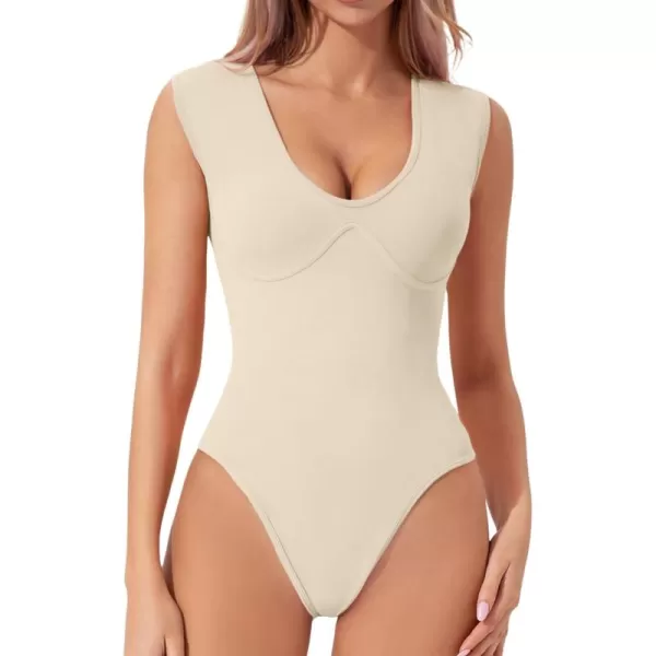 QINSEN Womens Plunge U Neck Cap Sleeve Bodysuit Soft Body Suit Tops Double Lined Shirts