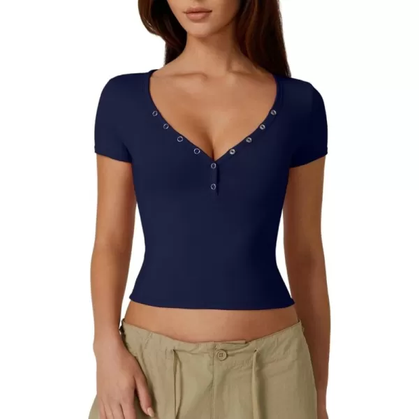 QINSEN Women's Sexy Short Sleeve Henley T Shirts Double Lined Button Up Slim Fit Crop Top Y2K Going Out Tops